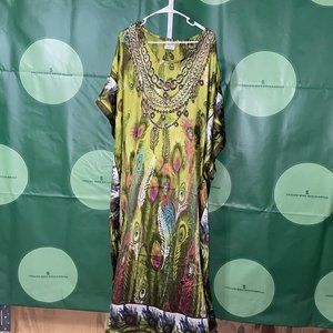 GOLD COAST Mumu House Dress OS One Size Beach Cover-Up Beaded PEACOCK print -NWT